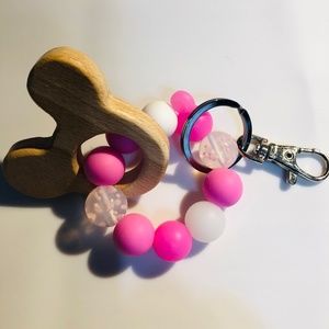 Mickey Beech Wood Pendant Keychain with pink silicone beads